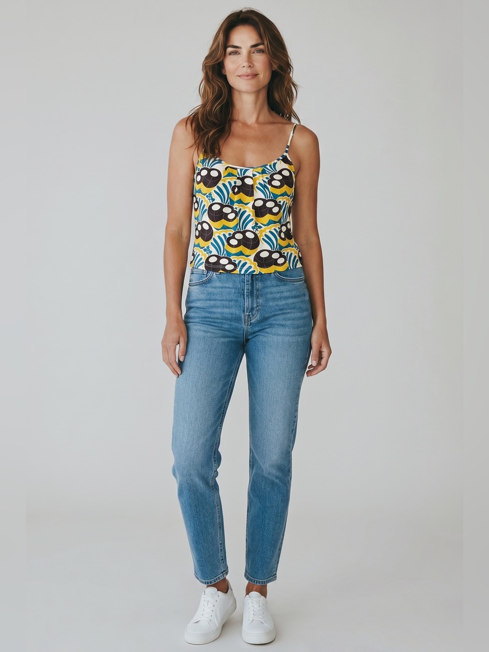 Curtsey Spaghetti Strap Geo Print Tank // Blue & Yellow Multi // Medium